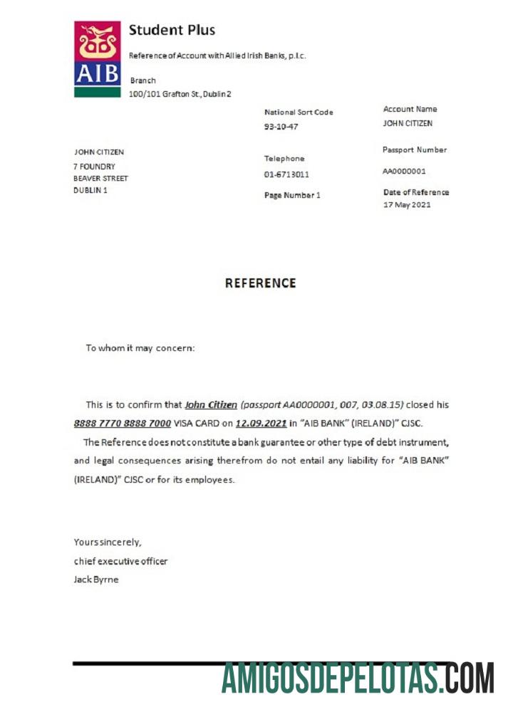 Referência de fechamento do AIB na Irlanda modelo